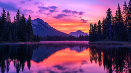 Fototapeta premium Tranquil lakeside scene at dusk with still water reflecting vibrant sunset colors. Serene mountain landscape with colorful sky and calm forest shoreline