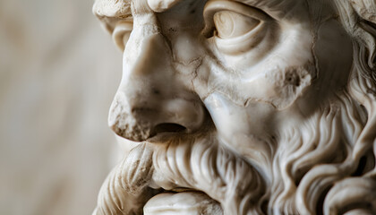 Naklejka premium detailed marble sculpture of an old stoic man, possibly representing a roman god, showcasing intricate facial features and a contemplative expression, copy space for text