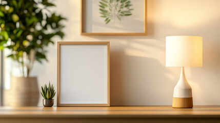 A stylish interior scene featuring wooden frame, modern lamp, and small plant, creating warm and inviting atmosphere. soft lighting enhances cozy feel of space