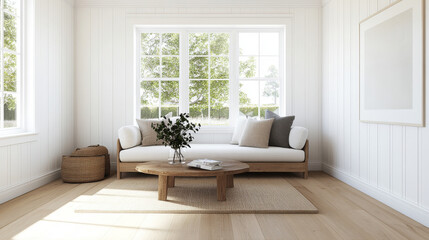 A bright and airy living room featuring modern sofa with cushions, round wooden coffee table, and cozy rug. Large windows allow natural light to fill space, enhancing serene atmosphere