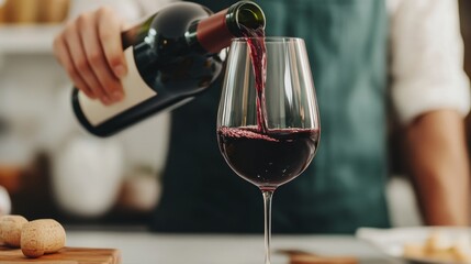 A hand gracefully pours red wine into a glass while surrounded by a warm and inviting kitchen atmosphere