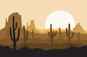 Desert landscape background with dunes, cacti, sun. Silhouette of desert and cacti. Sunset in the desert. Vector illustration