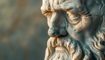 detailed marble sculpture of an old stoic man, possibly representing a roman god, showcasing intricate facial features and a contemplative expression, copy space for text