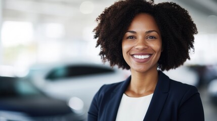 A car saleswoman exudes confidence and approachability while engaging with customers inside a dealership