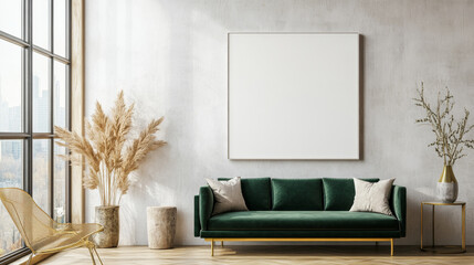 A modern living room featuring green velvet sofa, decorative plants, and large blank canvas on wall. space is bright and inviting, perfect for relaxation and creativity