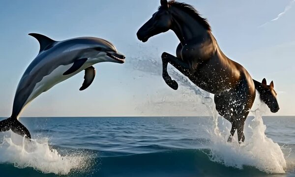 Dolphin and Horse Leaping Joyfully in Ocean Waves