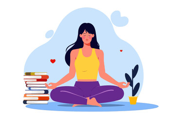 Woman Meditating with Books and Plant