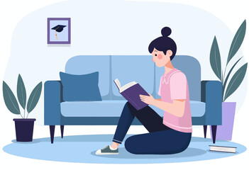 Woman reading book on floor 
