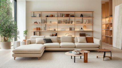 A modern living room featuring spacious beige sofa, stylish coffee tables, and well organized bookshelf filled with decor and books. natural light enhances serene atmosphere