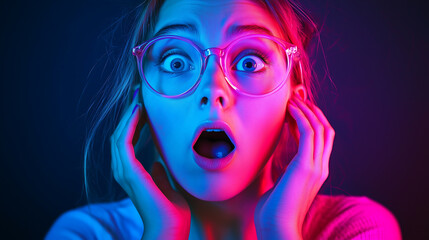 woman wearing glasses is illuminated by vibrant pink and blue neon lights her mouth wide open in a surprised expression