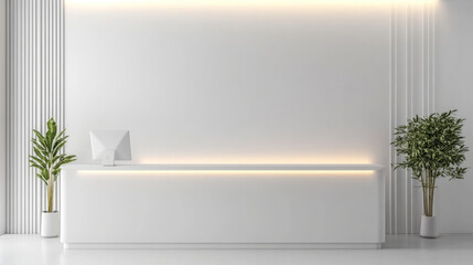 A modern reception area featuring sleek white desk, minimalistic design, and two green plants in white pots, creating fresh and inviting atmosphere