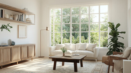 Fototapeta premium A bright and airy living room featuring large windows that invite natural light, cozy sofa, and wooden coffee table. greenery outside enhances serene atmosphere