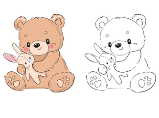 cute teddy bear with bunny toy hand drawn vector illustration 