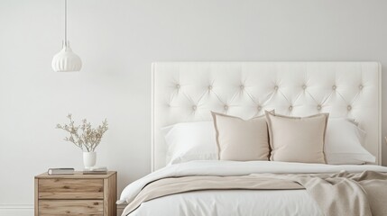 This serene bedroom features a luxurious tufted headboard, cozy beige pillows, and a wooden nightstand. Soft lighting from a pendant lamp creates a calm and inviting atmosphere.