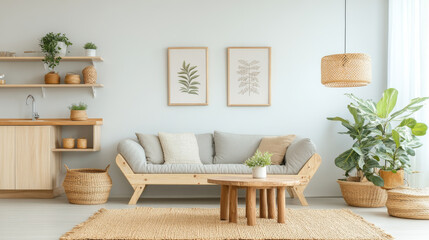 Obraz premium A cozy living room featuring light colored sofa, wooden furniture, and various plants. serene atmosphere is enhanced by natural textures and soft colors, creating welcoming space