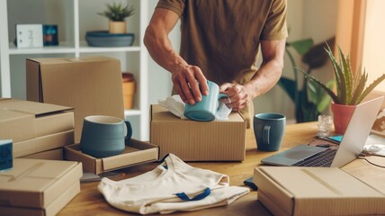 Person packing ceramics into carton boxes at home workspace, warm light, organized setup.