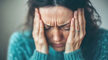 Fototapeta premium A woman with furrowed brows holds her head in her hands, showing deep sadness and stress related to her romantic relationship