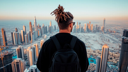 Fototapeta premium A person stands on rooftop overlooking stunning cityscape, featuring tall skyscrapers and vast desert in background. scene captures sense of adventure and awe