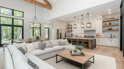 A modern living room featuring spacious layout with large windows, cozy sectional sofa, and stylish coffee table. open kitchen and dining area enhance inviting atmosphere