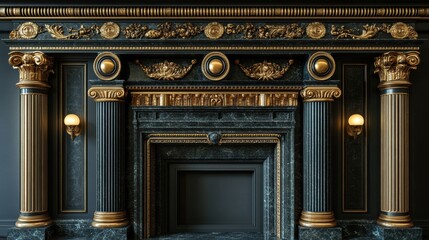 Obraz premium Elegant marble fireplace with brass geometric details and Art Deco elements in a sophisticated interior setting