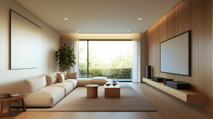 Fototapeta premium A modern living room featuring spacious layout with comfortable sofa, wooden coffee table, and large windows allowing natural light. minimalist design creates serene atmosphere