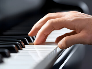 Obraz premium A musician's fingers dancing over piano keys, with a soft focus on the notes in the background.