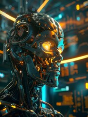 Fototapeta premium A robot with a face made of metal and wires