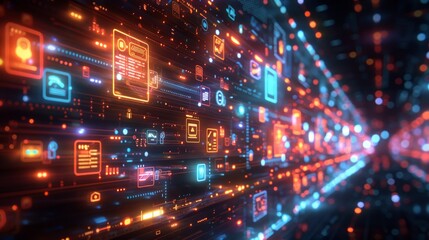 Obraz premium A futuristic digital tunnel with glowing icons representing various digital technologies and apps, depicting the flow of data and information in the digital world.