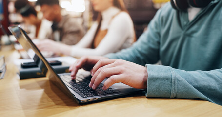 Hands, laptop and research with people in library for knowledge, education and college thesis. Academy, future and university student with person and online portal for exam, project and scholarship.