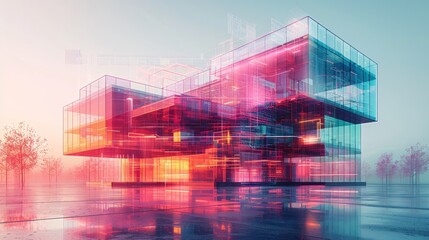A futuristic glass building with glowing red and blue lights, reflecting in a wet pavement in front.
