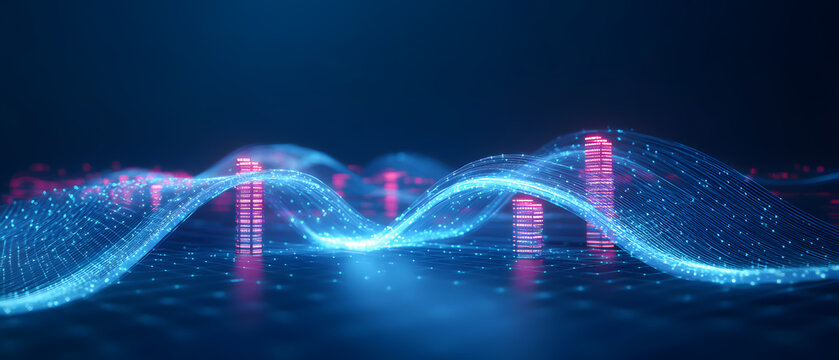 A blue and red wave with buildings in the background