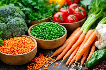 Fresh carrots, tomatoes, and green peas are displayed in wooden bowls alongside herbs and garlic, showcasing the bounty of a farmers market in a colorful arrangement