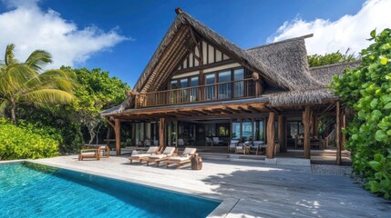 Beautiful tropical villa with a private pool, surrounded by lush greenery, offering luxury and tranquility in a stunning tropical setting.
