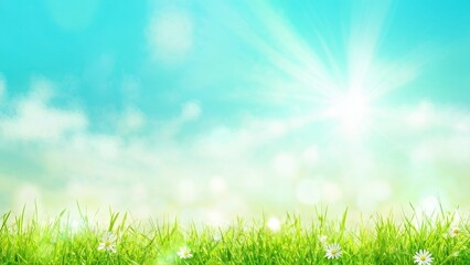 Fototapeta premium A serene landscape featuring bright blue skies, sun rays, and lush green grass with flowers.