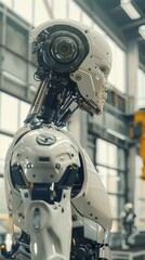 Fototapeta premium A robot is standing in a large room with a white body and silver parts