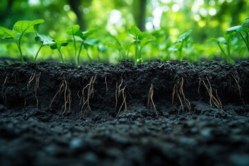 Fototapeta premium Close-up of young green seedlings growing in rich dark soil with visible roots.