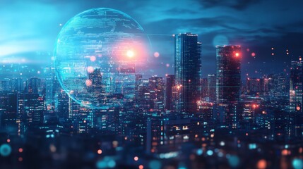 Fototapeta premium A glowing digital globe hovers over a futuristic cityscape, representing global connectivity and technological advancement.