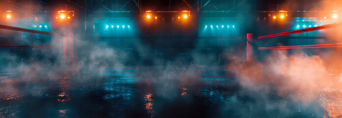 Empty boxing ring, box arena, octagon. Dramatic lighting, neon spotlights, steam effect. Mock up of professional sport event. Generative ai
