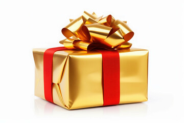 Obraz premium Shiny Gold Gift Box with Red Ribbon on White Background