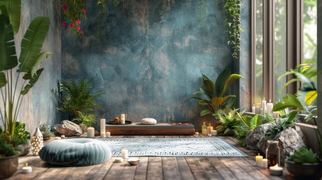 Serene and tranquil indoor zen meditation retreat space with comfortable yoga mats cushions and lush tropical plants in a cozy greenhouse like setting