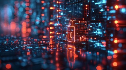 A glowing red padlock symbol on a dark futuristic digital background with blue and red lights, symbolizing security and digital privacy.