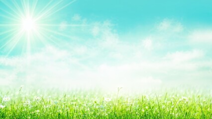 Obraz premium A serene landscape featuring a bright sky, sun, and lush green grass with flowers.