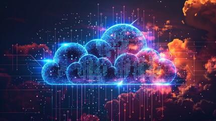 Fototapeta premium A glowing, blue, digital cloud, with lines extending upwards, against a backdrop of pink, orange, and purple clouds, represents the concept of cloud computing.