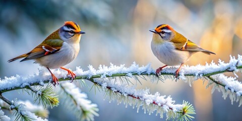 Fototapeta premium Cute Common Firecrests perched on frosty branches against a winter nature background , birds, cold, winter