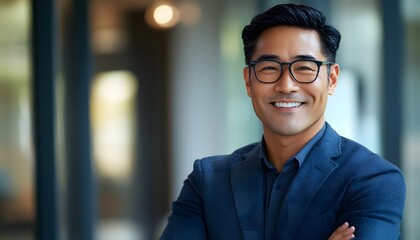 Obraz premium Portrait of a Smiling Asian Man in a Blue Suit and Glasses