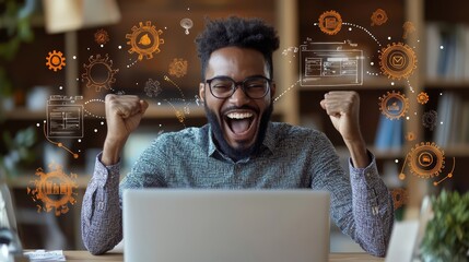 A business owner joyfully interacts with a computer surrounded by automation icons in a modern office setting, highlighting the ease and efficiency of technology in 2023