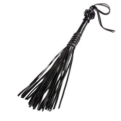 Black Leather Whip with Long Fringed Tail and Decorative Handle.