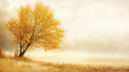 Fototapeta premium Autumn morning fog rolling over a quiet field, with the golden leaves of trees creating a soft, ethereal atmosphere.