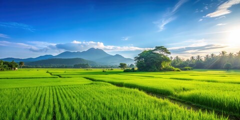 Fototapeta premium Scenic view of a lush green rice field under a clear blue sky, agriculture, landscape, nature, farming, crops, rural