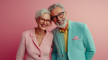 Senior couple in matching pastel outfits smiling together against a pink backdrop, celebrating their lasting love in a joyful moment